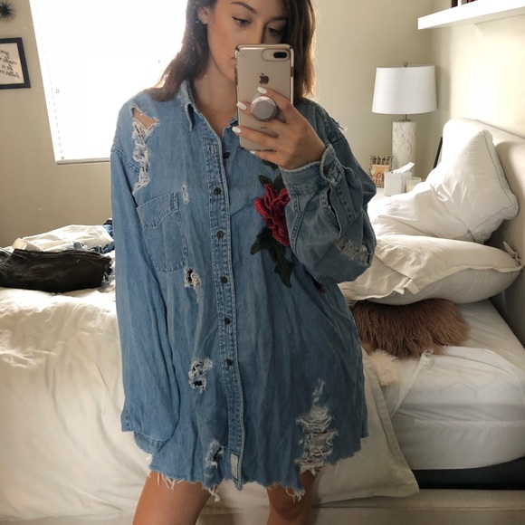 LF Jackets & Blazers - Furst of its Kind Denim Shirtdress w/ Rose Detail